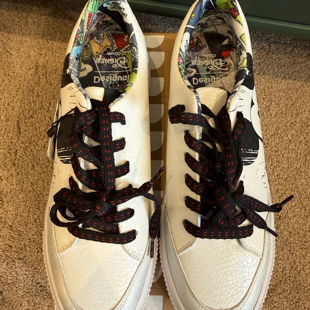 Desigual White Mickey Mouse Sneakers with Black & Red Accented Laces